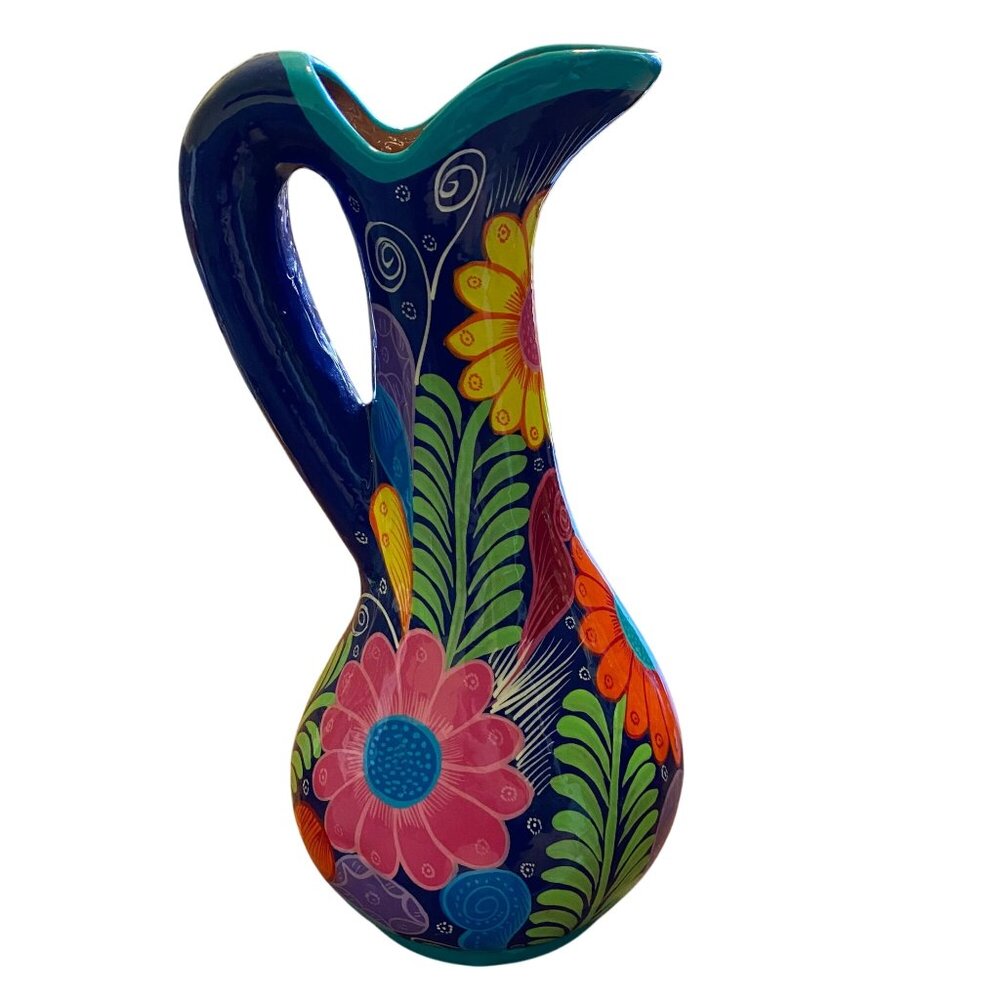Terracotta hand-painted floral jug bright boho unique clay flowers, Mexican